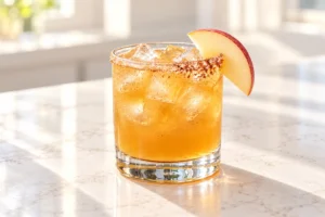 Golden apple cider margarita with ice, a cinnamon-sugar half rim and an apple wedge on a bright pale counter