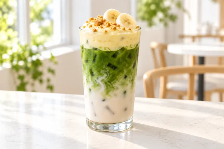 Layered iced banana pudding matcha latte with banana slices and wafer crumbs on a bright ivory café counter