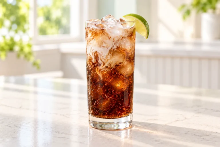 Dirty Dr Pepper with coconut cream, ice and lime on a bright white café counter