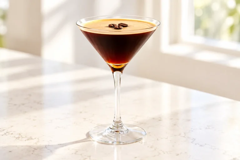 Espresso martini with light coffee foam and three coffee beans in a bright sunlit café setting