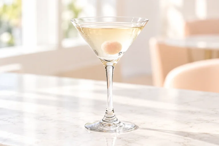Clear pale lychee martini with one peeled lychee in a stemmed glass on a bright ivory counter