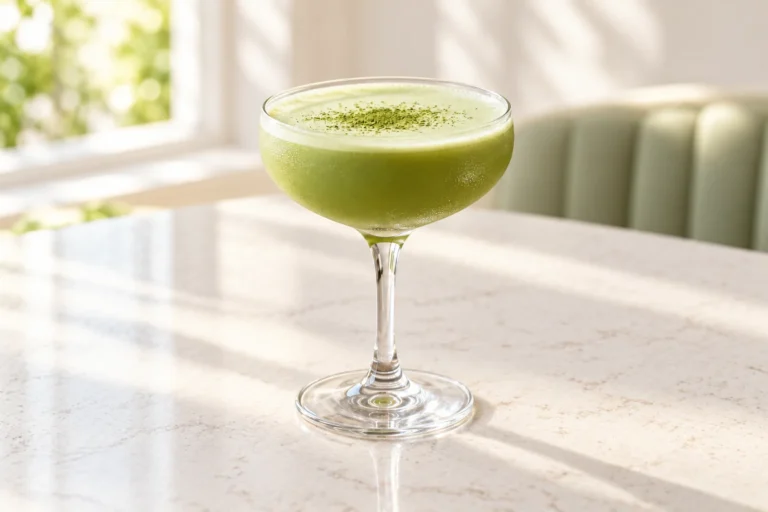 Creamy green matcha martini in a coupe on pale stone in a bright sunlit café setting