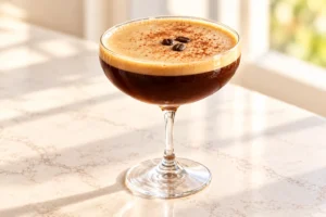 Pumpkin spice espresso martini in a coupe with cinnamon and three coffee beans against a bright cream café background