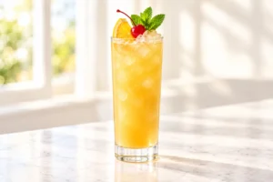Golden-orange Zombie rum cocktail with ice, citrus, mint and a cherry in a Collins glass on a bright white counter