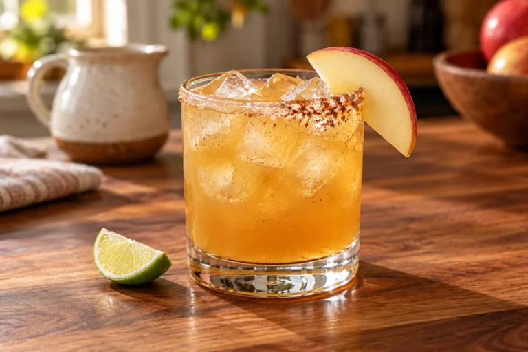 Golden apple cider margarita over ice with an apple wedge and a cinnamon-sugar half rim