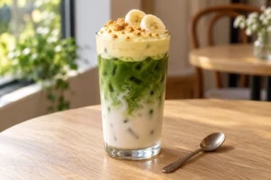 Iced green matcha and milk topped with banana pudding, banana slices and wafer crumbs in a tall glass