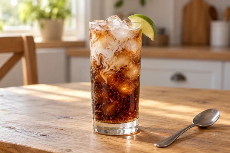 Brown iced soda with coconut cream marbling and a lime wedge in a tall glass