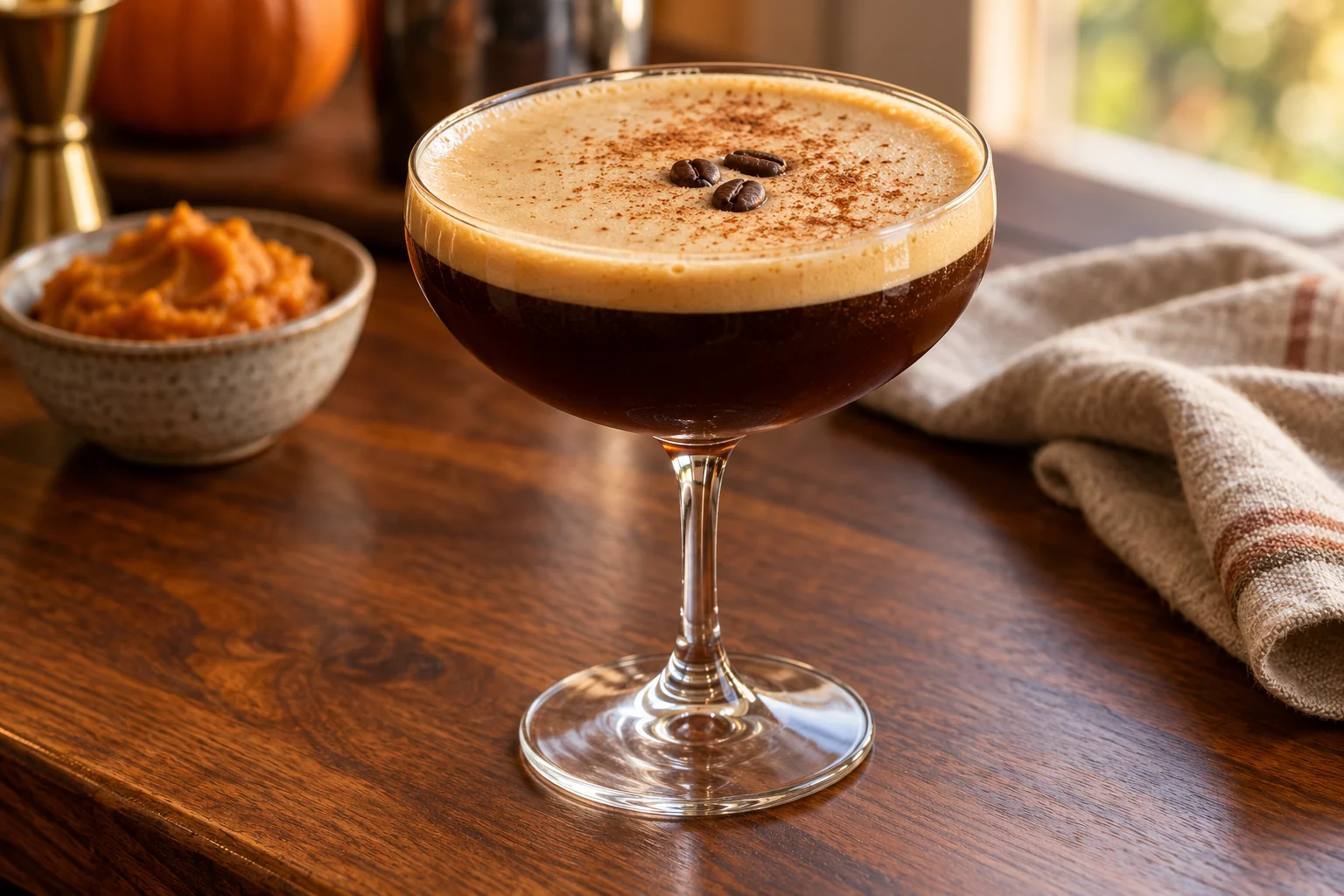 Pumpkin spice espresso martini in a coupe with coffee-coloured foam, cinnamon and three coffee beans